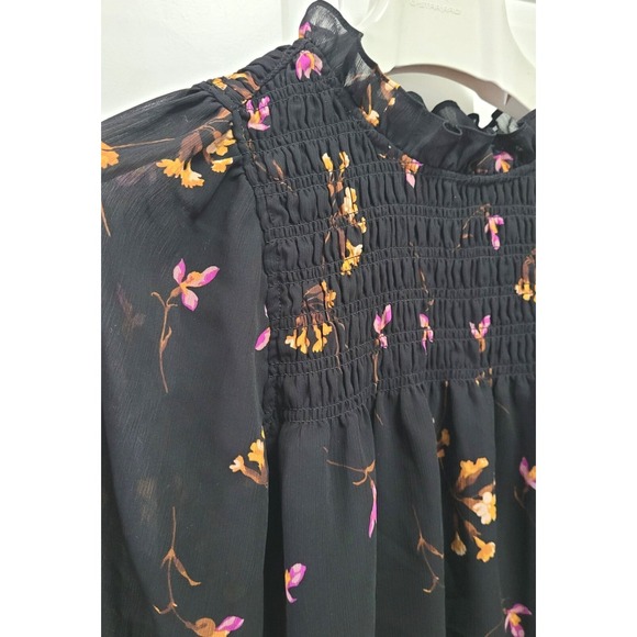 Madewell Crinkle Georgette Ruffle-Collar Smocked Blouse Fresia Floral Black - XS - Picture 2 of 5